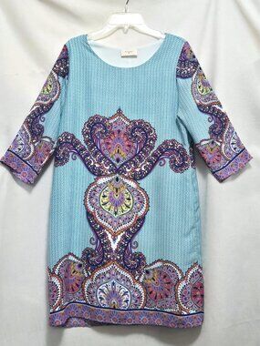 Everly Blue /Multicolor Paisley 3/4 Sleeve, Lined, Shift Dress